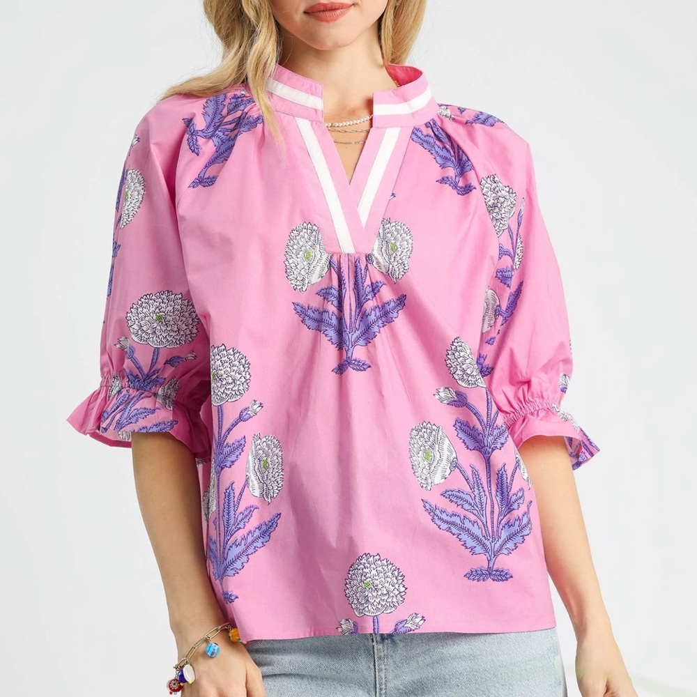 Umgee Pink and Blue Embellished Blouse with 3/4 Sleeves